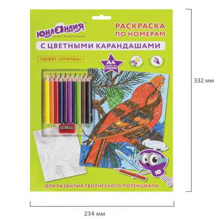 Раскраска по номерам Юнландия Птичка А4 с цветными карандашами на картоне