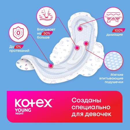Прокладки KOTEX Young гигиенические для девочек ночные 6шт