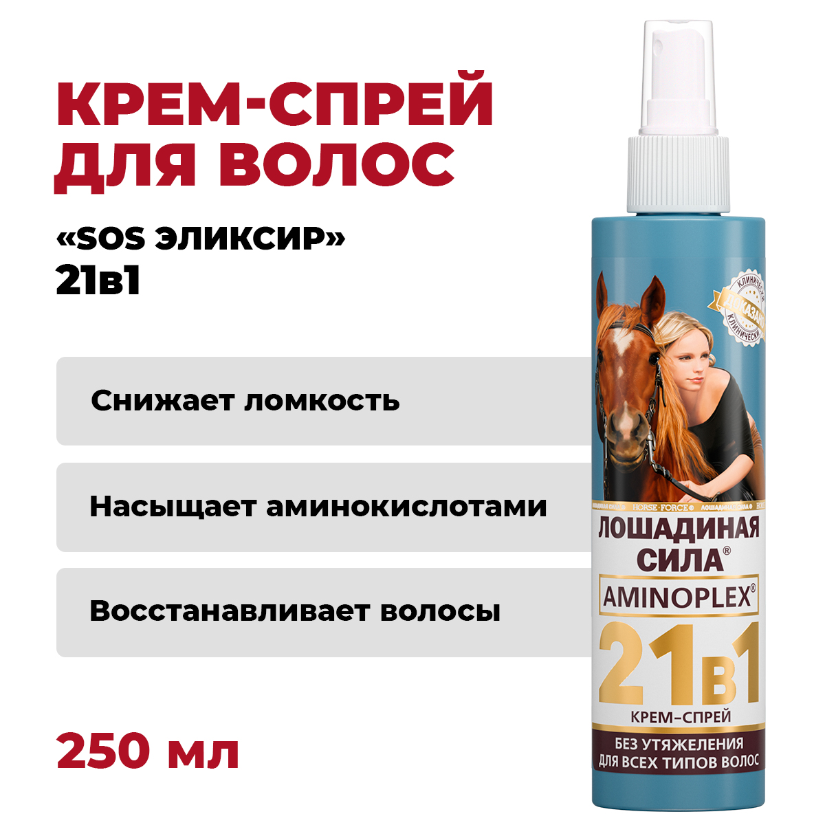 Крем-спрей 21в1 для волос Лошадиная сила с термозащитой для укладки несмываемый 250мл - фото 10