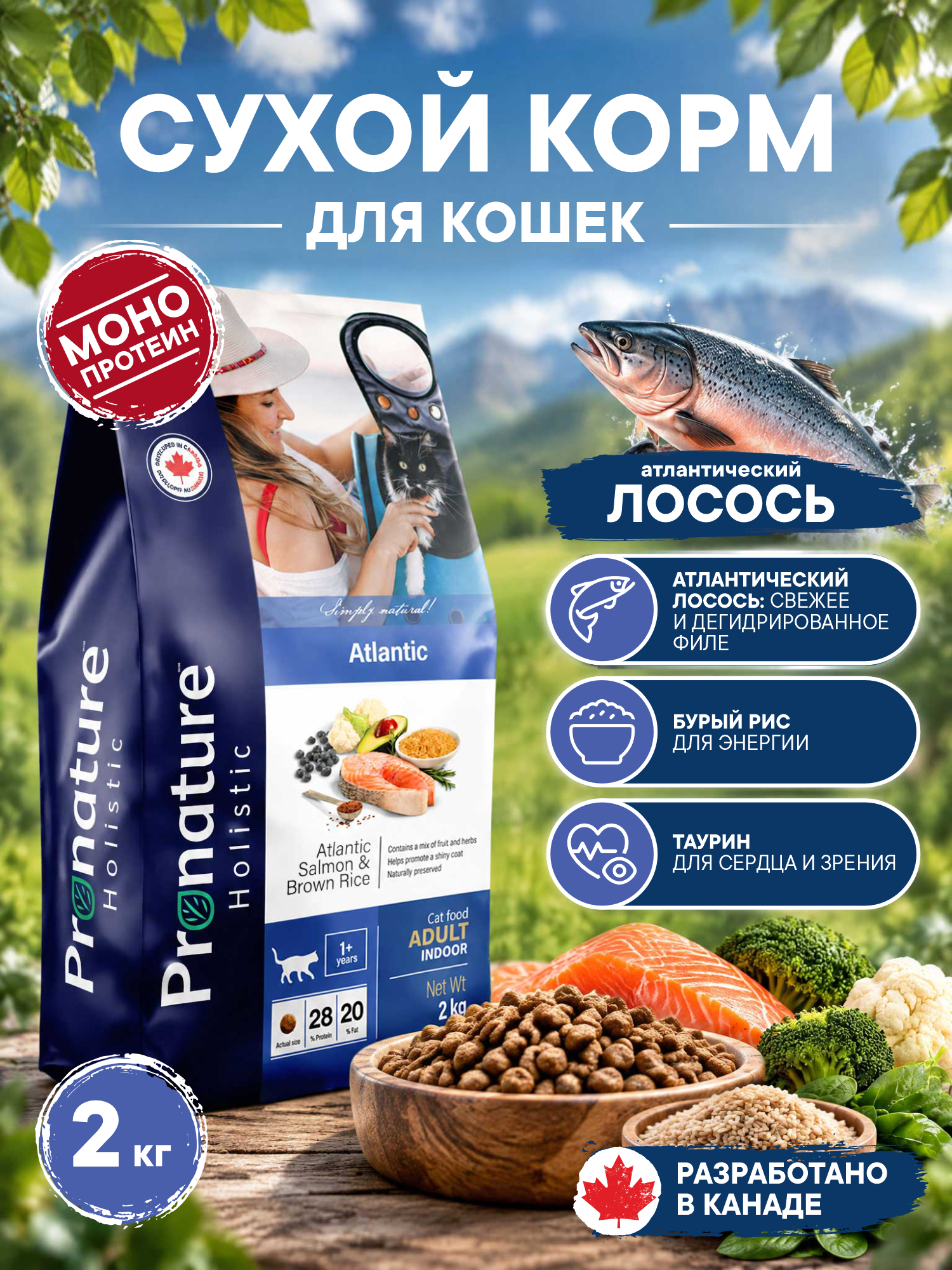 Корм для кошек сухой Pronature Holistic Atlantic для кожи и шерсти на лососе с рисом 2кг - фото 1