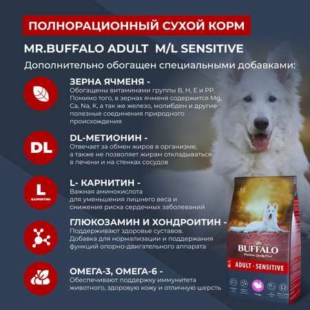 Корм для взрослых собак Mr.Buffalo Adult Sensitive средних и крупных пород с чувствительным пищеварением с индейкой сухой 14кг