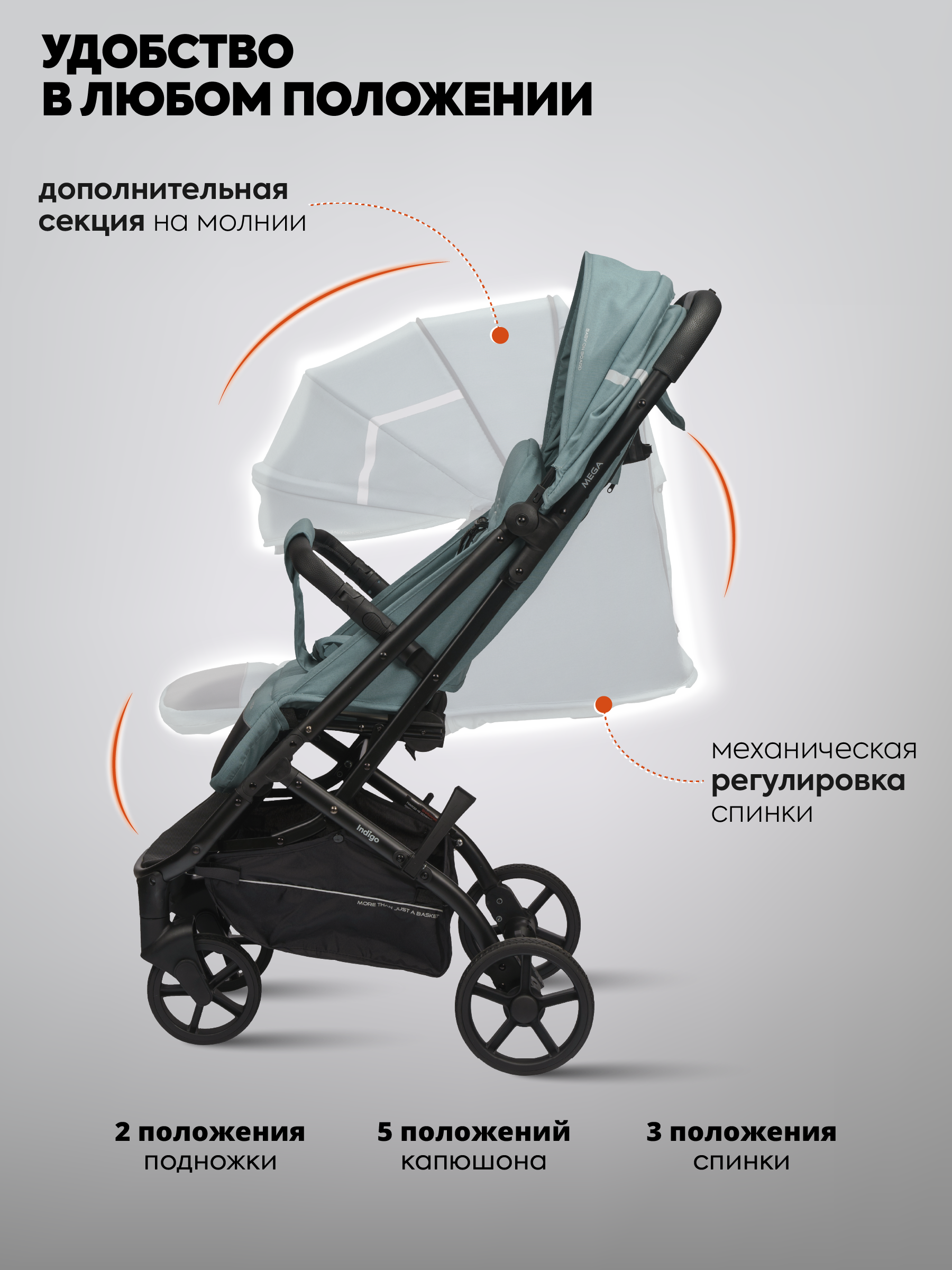 Коляска прогулочная Indigo Mega голубой - фото 4