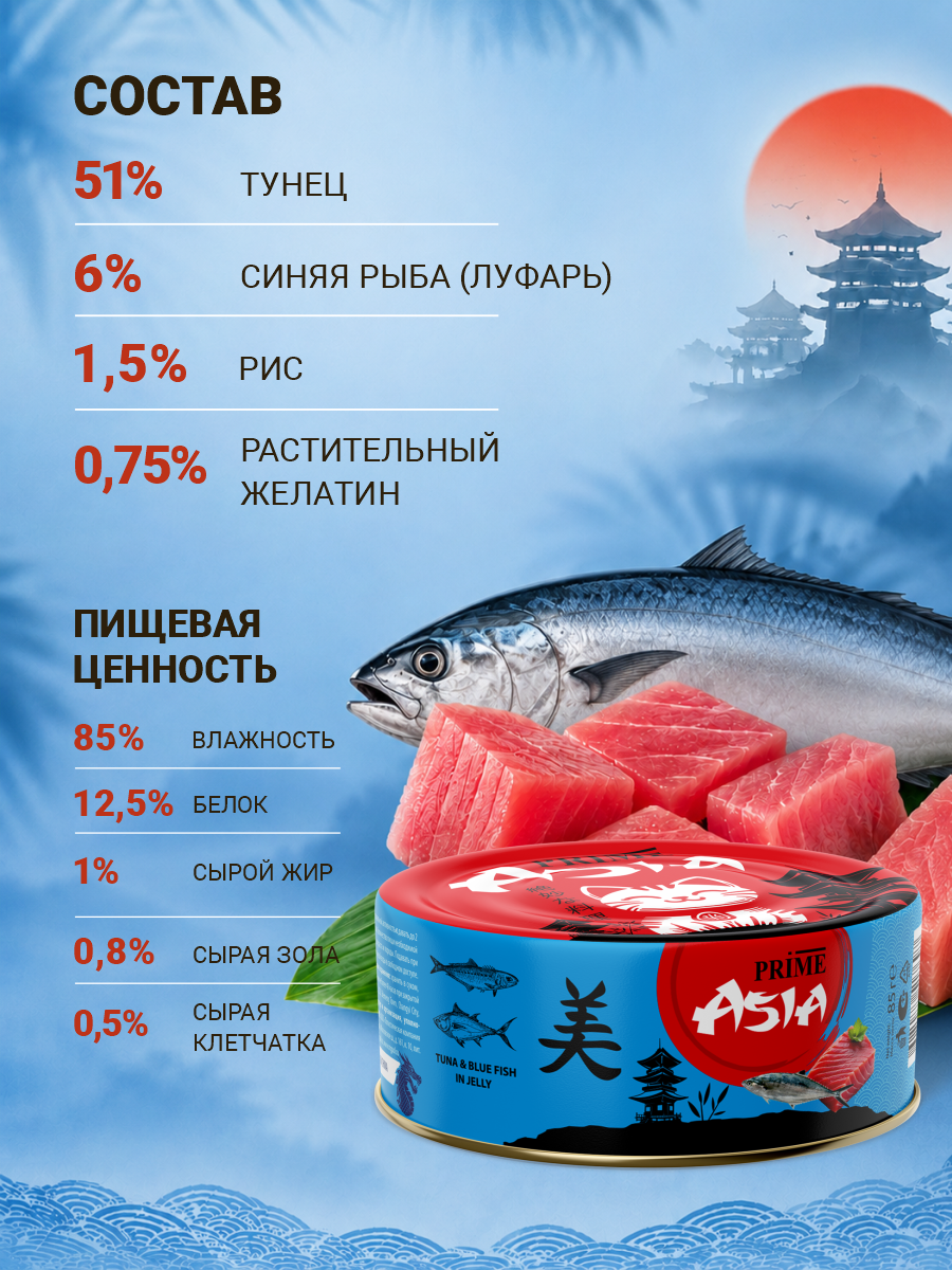 Корм для кошек влажный Prime ASIA Тунец с голубой рыбой в желе жб 85г 12 шт. - фото 6