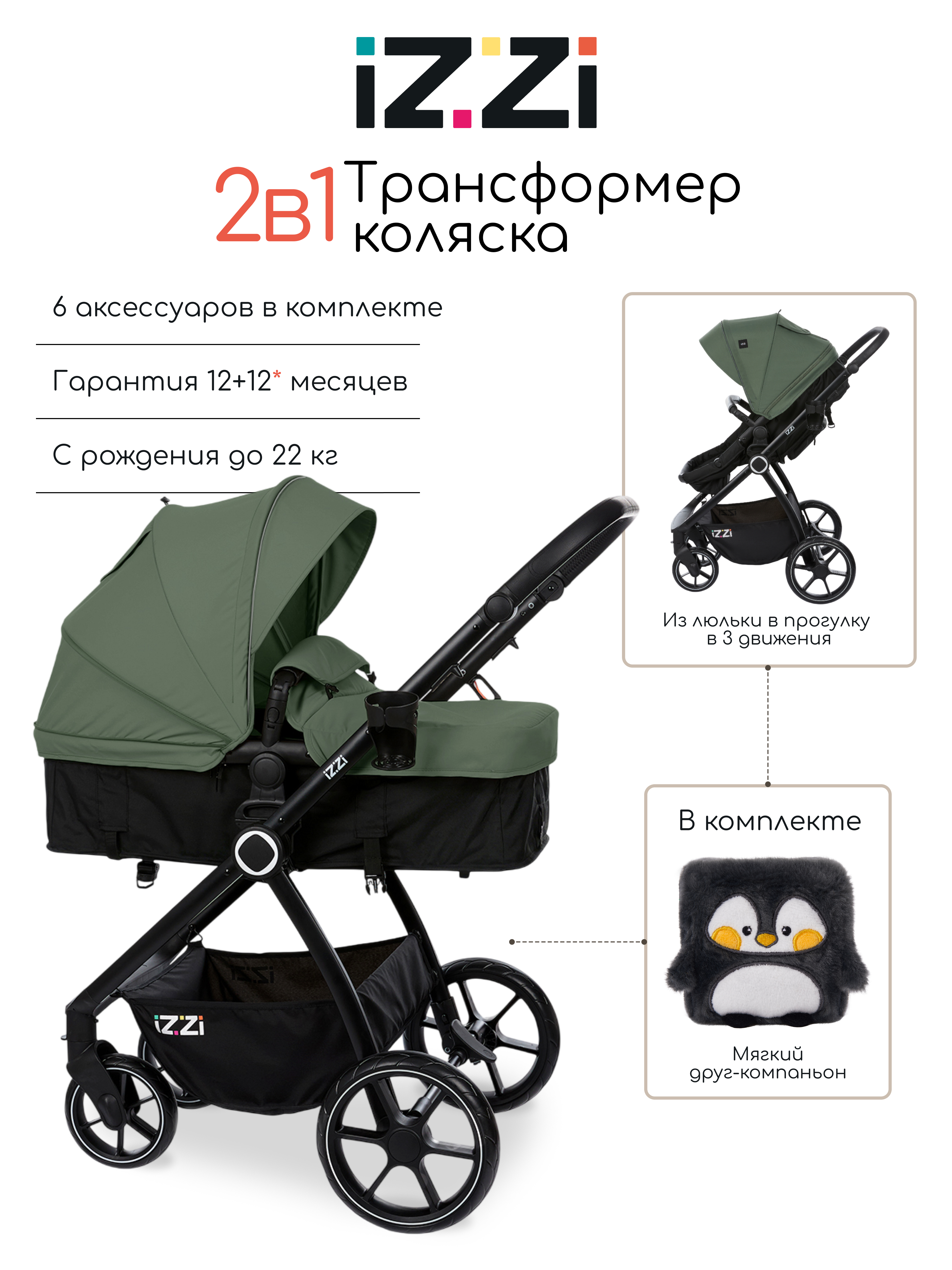 Изображение товара Коляска трансформер iZZi универсальная зеленый