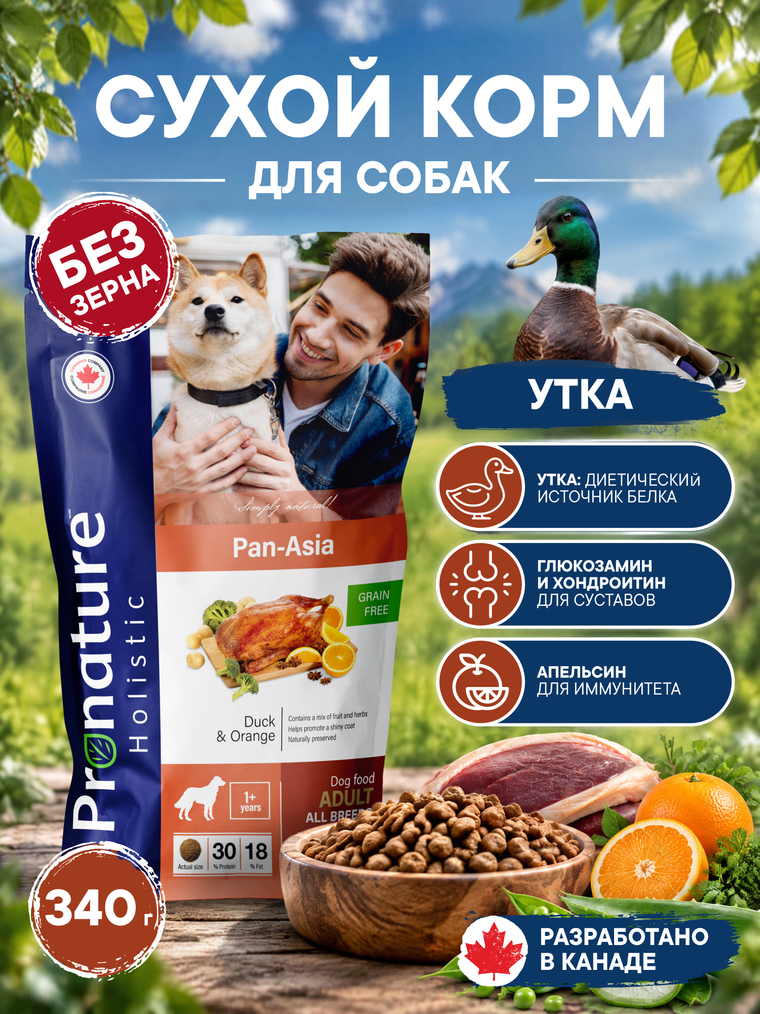 Корм для собак сухой Pronature Holistic Pan-Asia Grain Free беззерновой на утке с апельсином 340г - фото 1