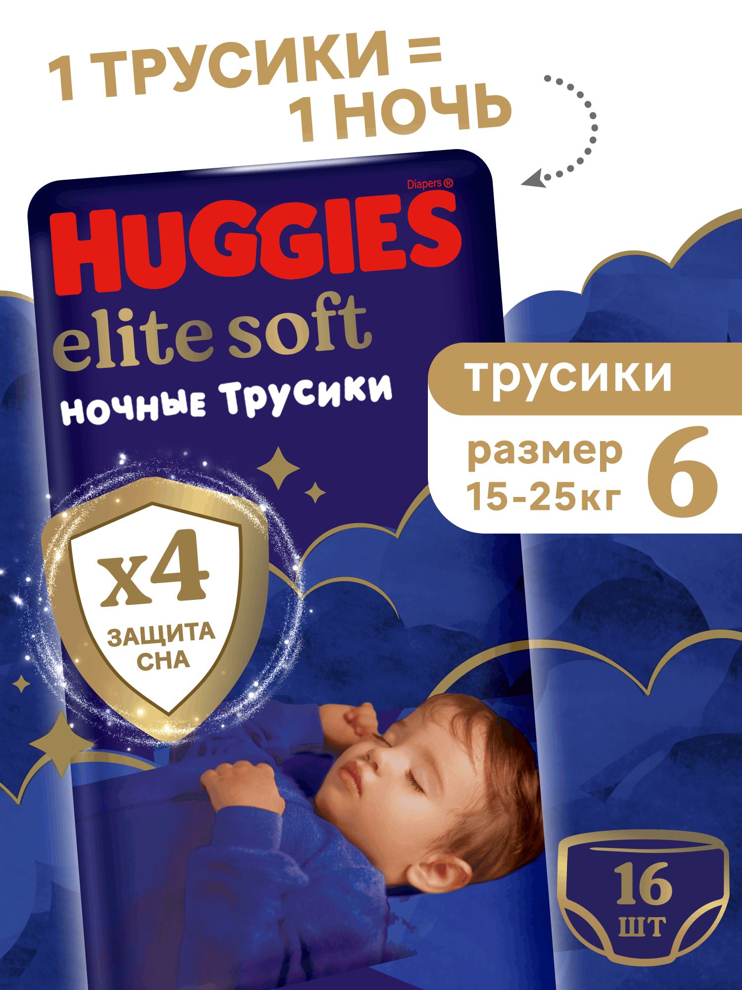 Изображение товара Ночные подгузники-трусики Huggies Elite Soft 6 15-25 кг 16 шт для детей