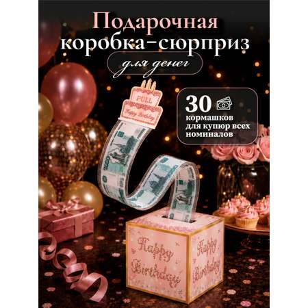 Коробка для денег подарочная AXLER для купюр на день рождения, 30 пакетов, розовая
