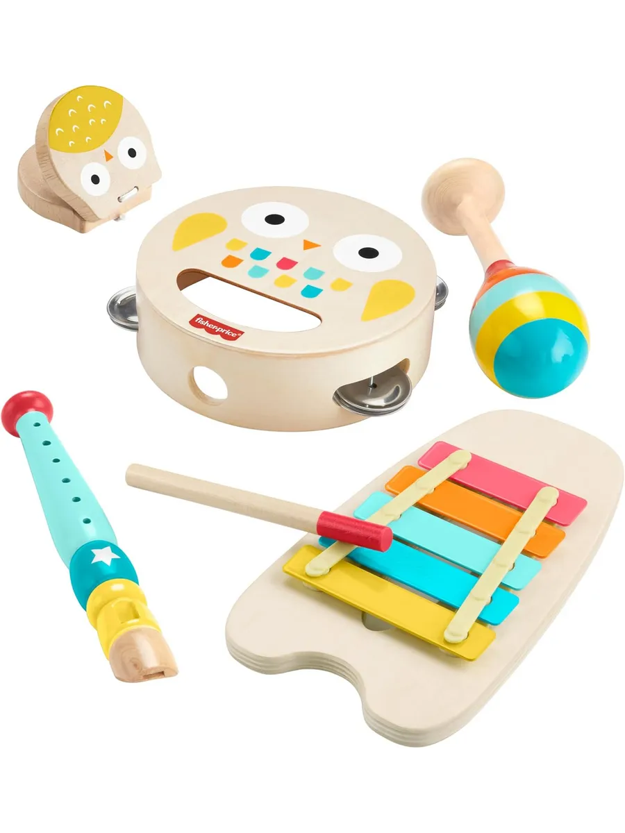 Игрушка музыкальная Fisher Price Деревянные музыкальные инструм маракас, ксилофон, кастаньеты, бубен, флейта - фото 2