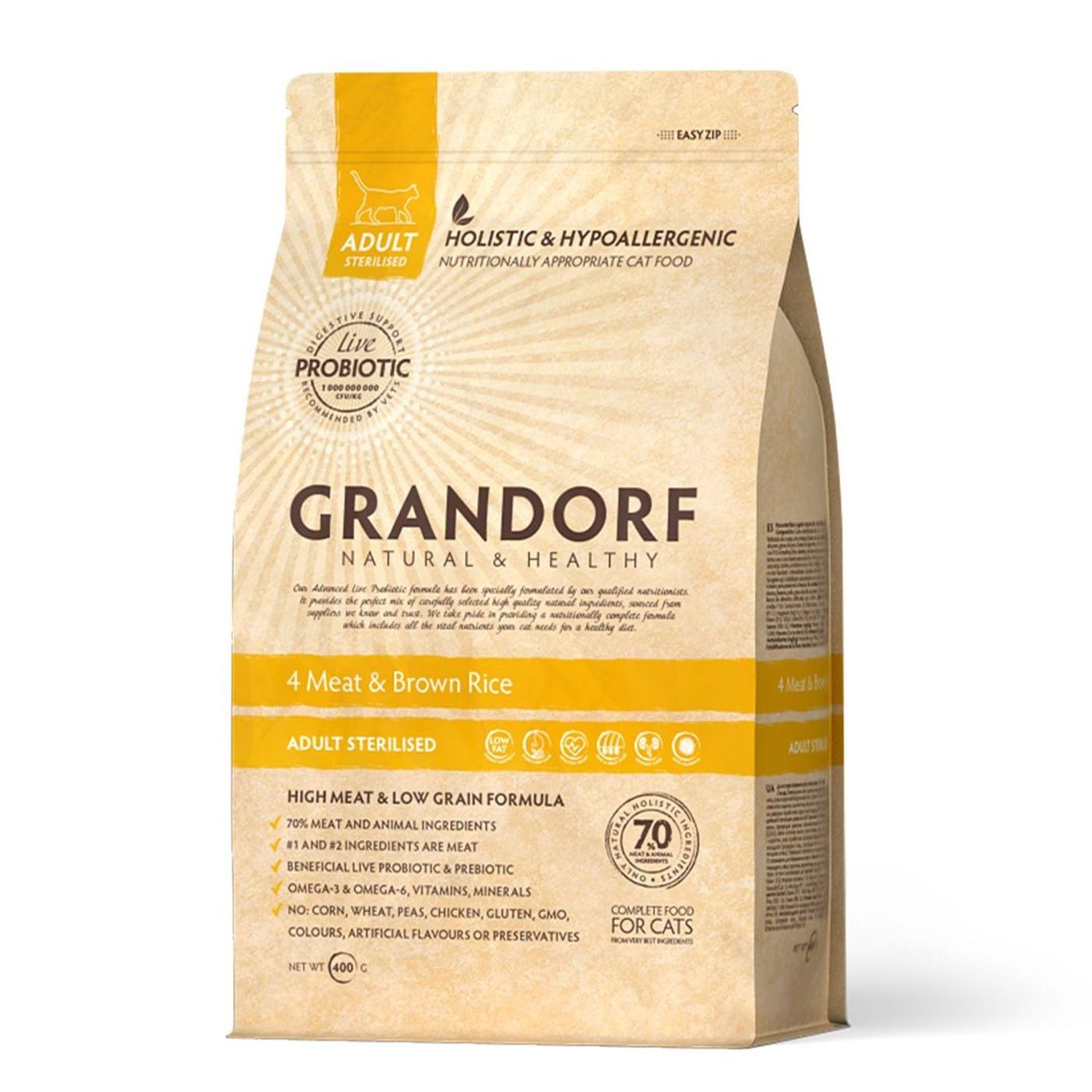 Корм для кошек Grandorf стерилизованных четыре мяса с бурым рисом 400г - фото 1