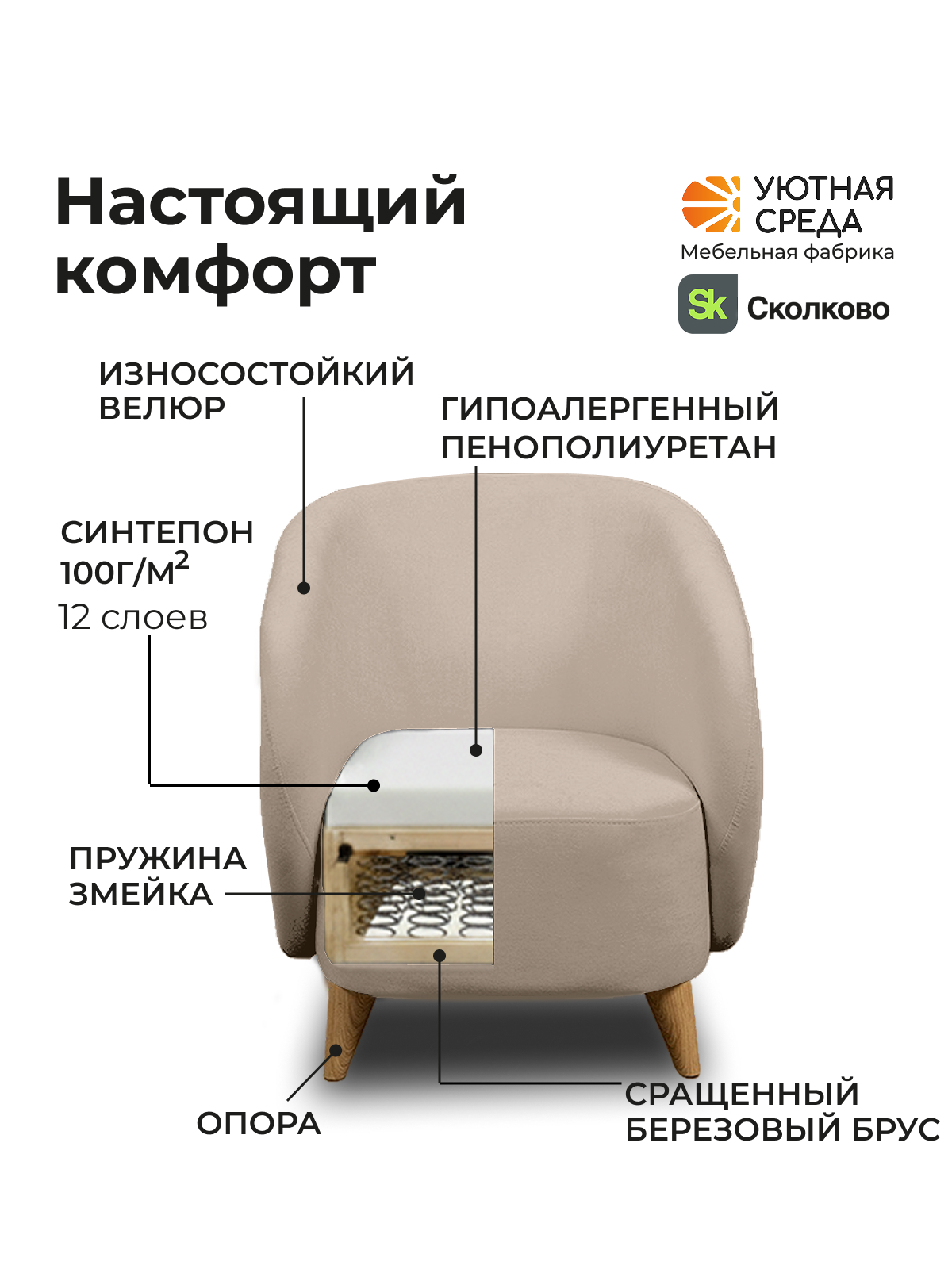 Кресло Уютная среда бежевый велюр бежевый - фото 8
