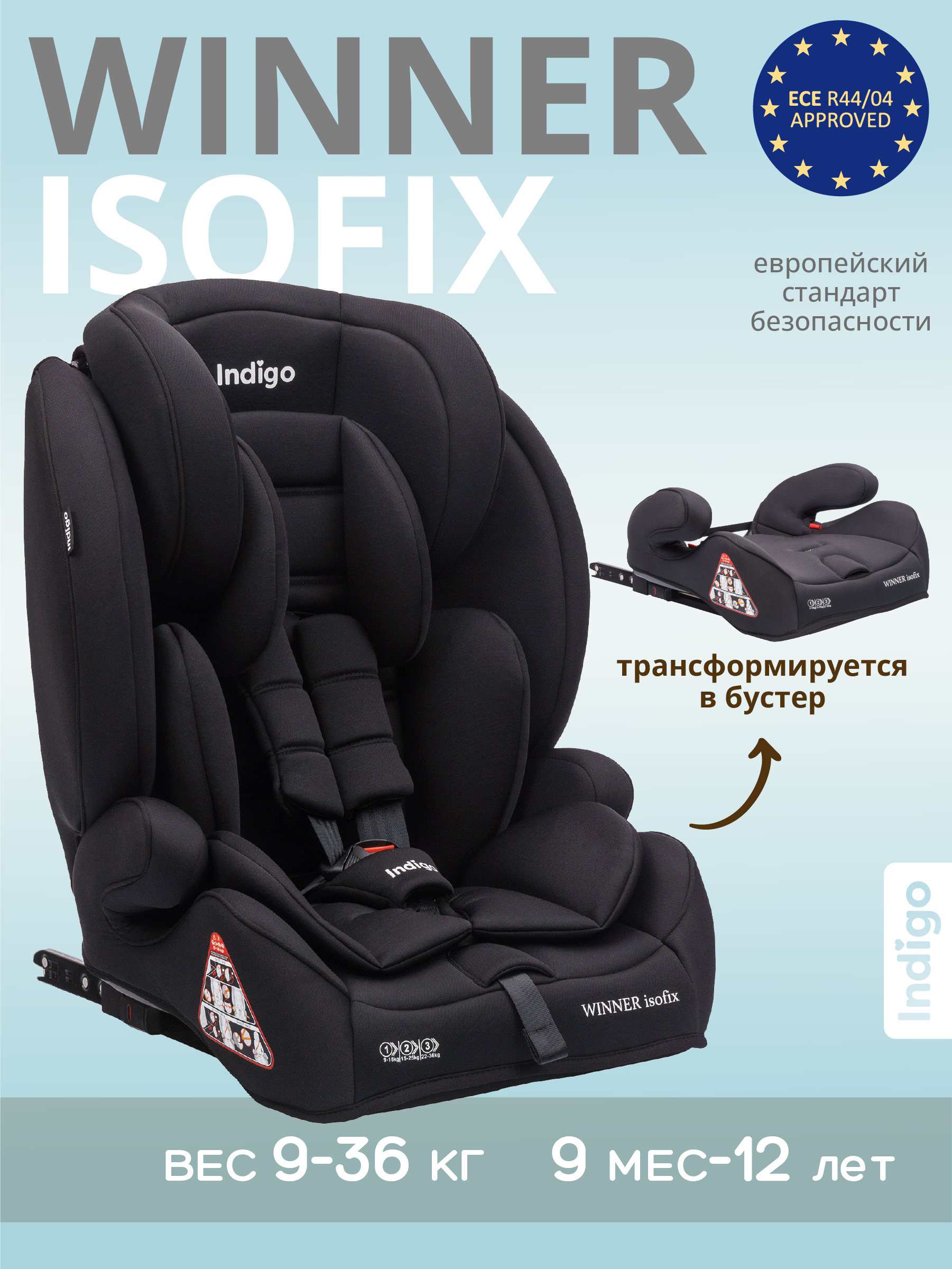 Автокресло Indigo Winner черный матовый Isofix 1/2/3 (9-36 кг) - фото 1