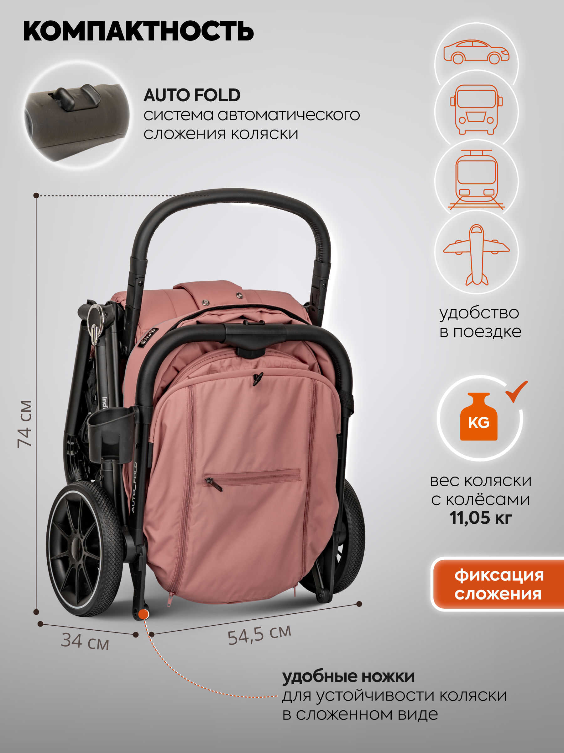 Коляска прогулочная Indigo Wind с автосложением, розовый розовый - фото 9
