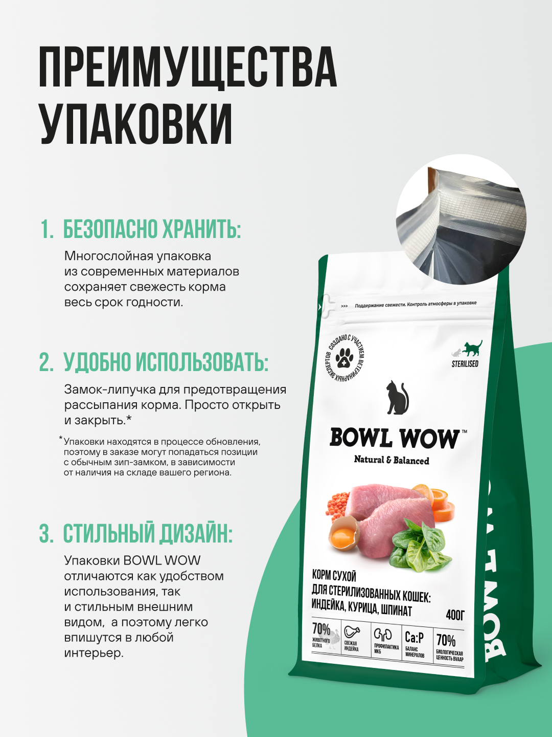 Корм сухой полнорационный BOWL WOW для стерилизованных кошек с индейкой курицей и шпинатом 400г - фото 6