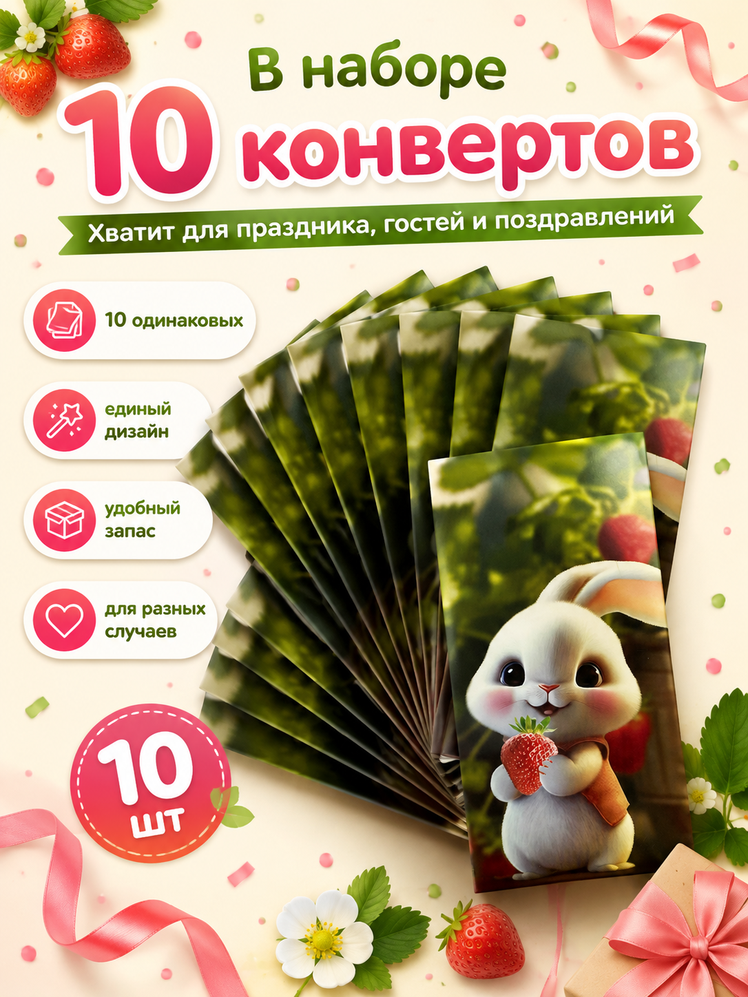 Конверты для денег детские Филькина Грамота с зайчиком и клубникой, 10 шт. - фото 8