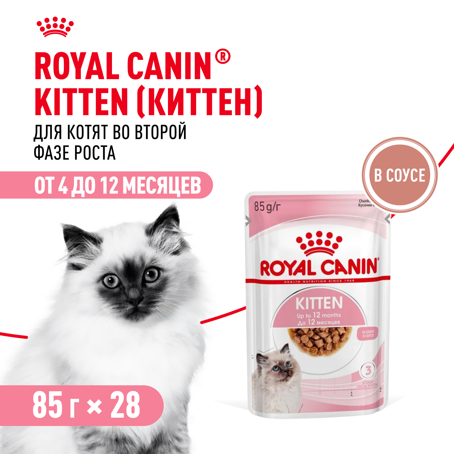 Корм влажный для котят ROYAL CANIN Kitten 85г кусочки в соусе 77851 - фото 1
