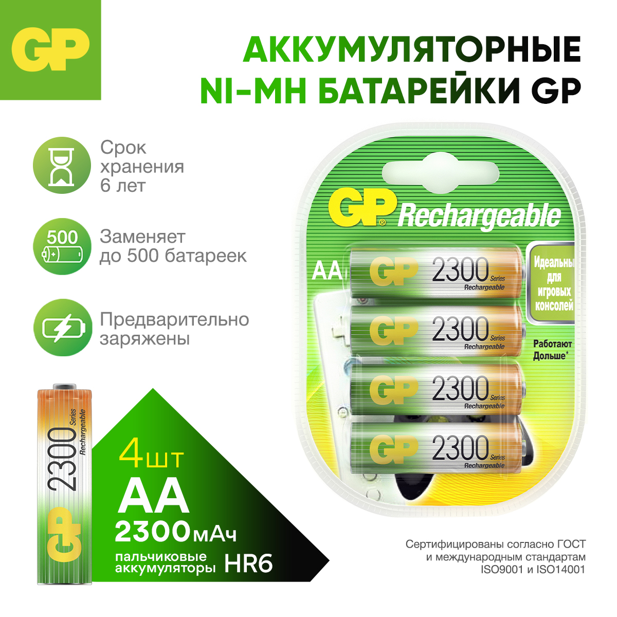 Перезаряжаемые аккумуляторы GP 230AAHC AA емкость 2200 мАч - 4 шт в клемшеле - фото 1