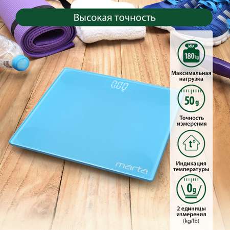 Весы напольные MARTA MT-SC3600 LED дисплей/встроенный термометр/голубой аквамарин