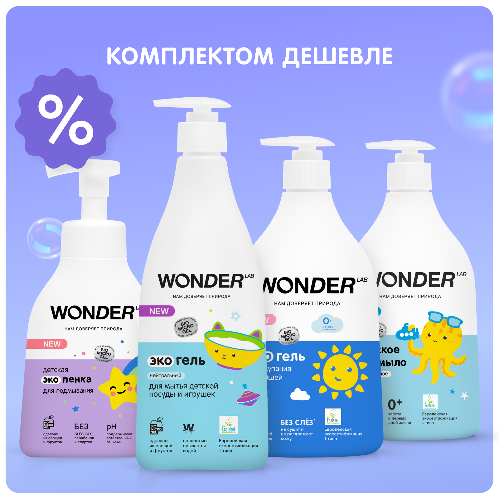 WONDER LAB Набор детские эко средства для малышей: эко гель для купания, эко мыло нейтральное, эко пена для подмывания, эко гель для игрушек - фото 5