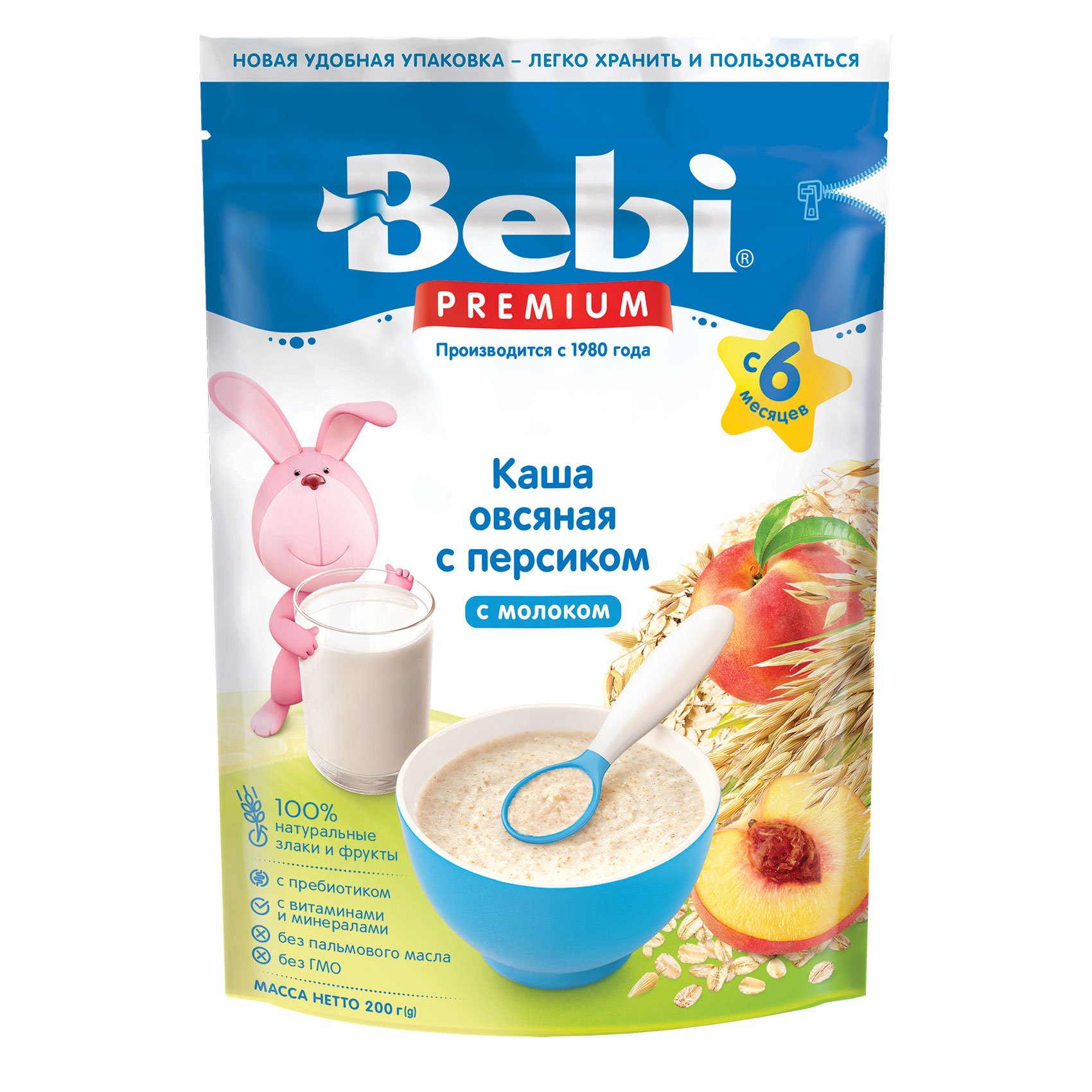 Каша молочная Bebi Premium овсянка-персик 200г с 6месяцев - фото 1