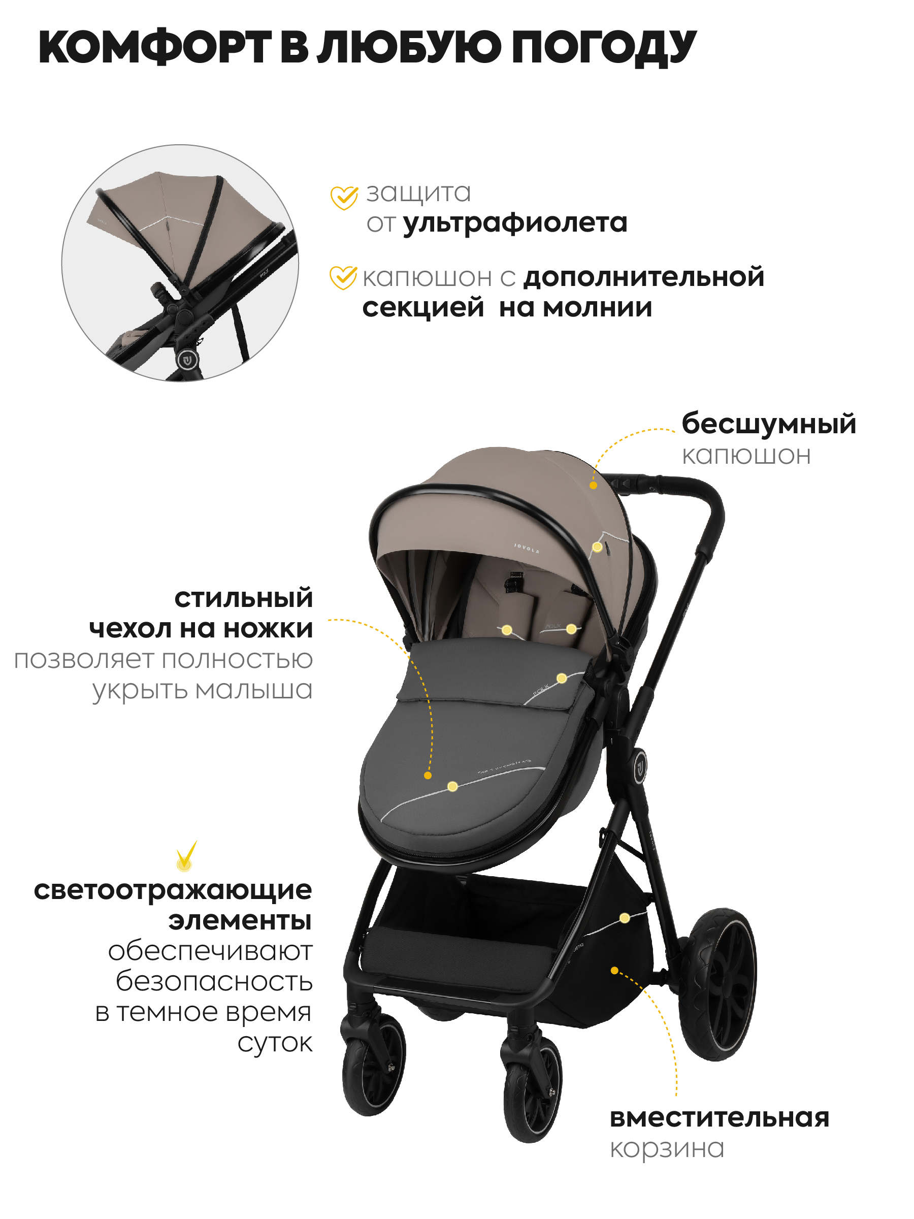 Коляска трансформер JOVOLA Folk W с утепленным вкладышем бежевый - фото 7