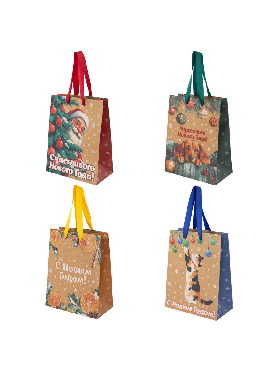 Пакет подарочный новогодний Золотая сказка пакетики для подарков и сладостей набор 4 штуки крафт - фото 3