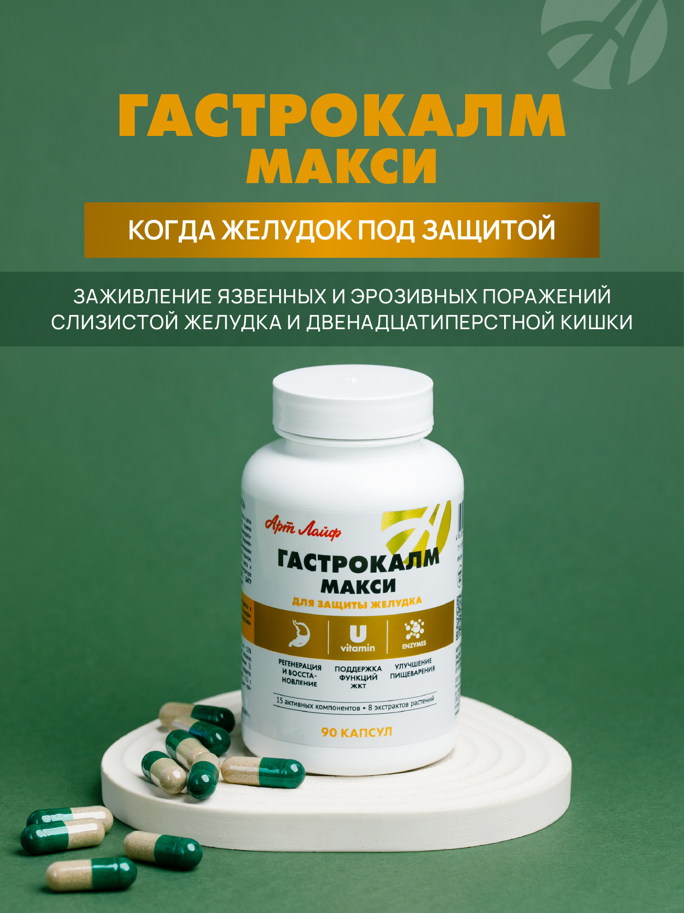 Заживляет язвы желудка и кишечника. Арт Лайф Гастрокалм Макси, 90 капсул. - фото 1