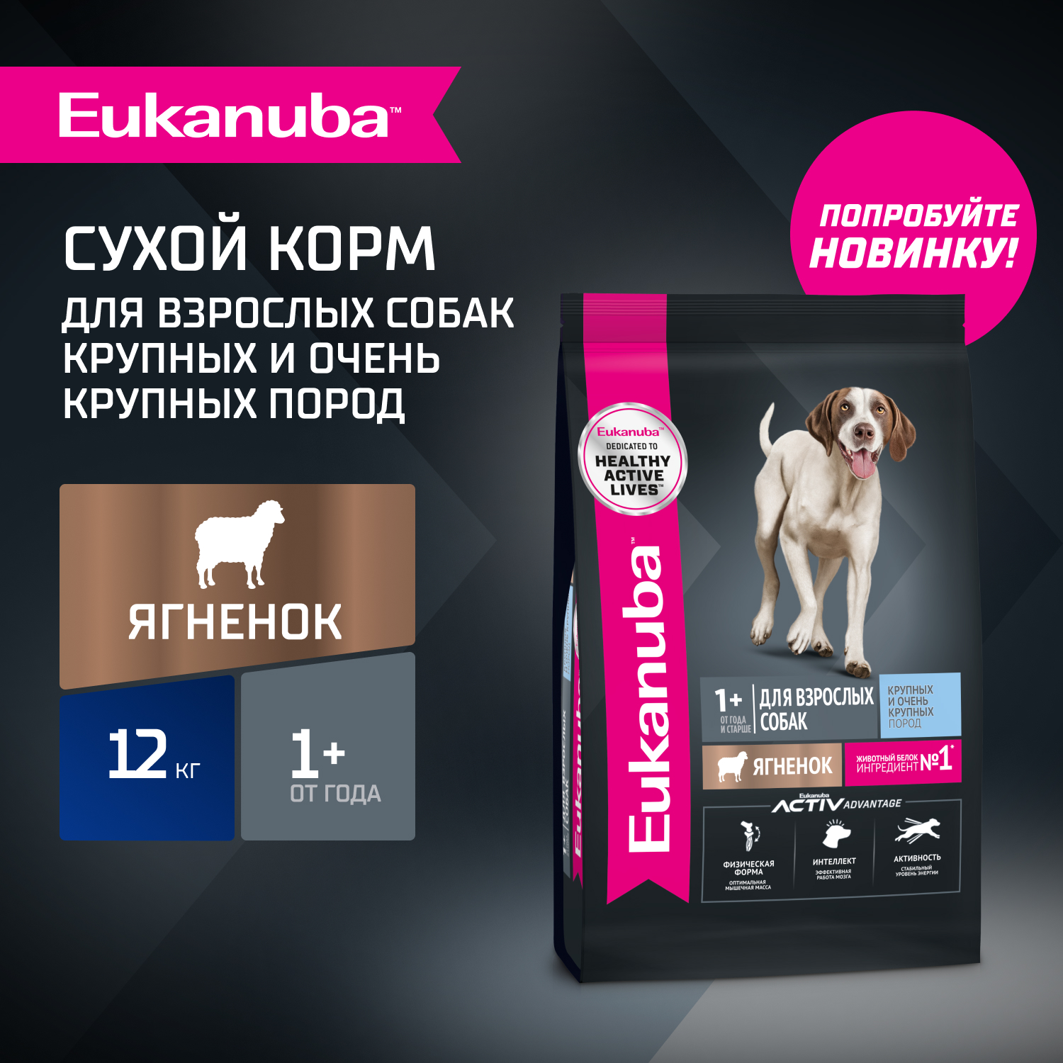Корм для собак сухой для взрослых собак Eukanuba крупных и очень крупных пород старше 1 года с ягненком 12кг - фото 1