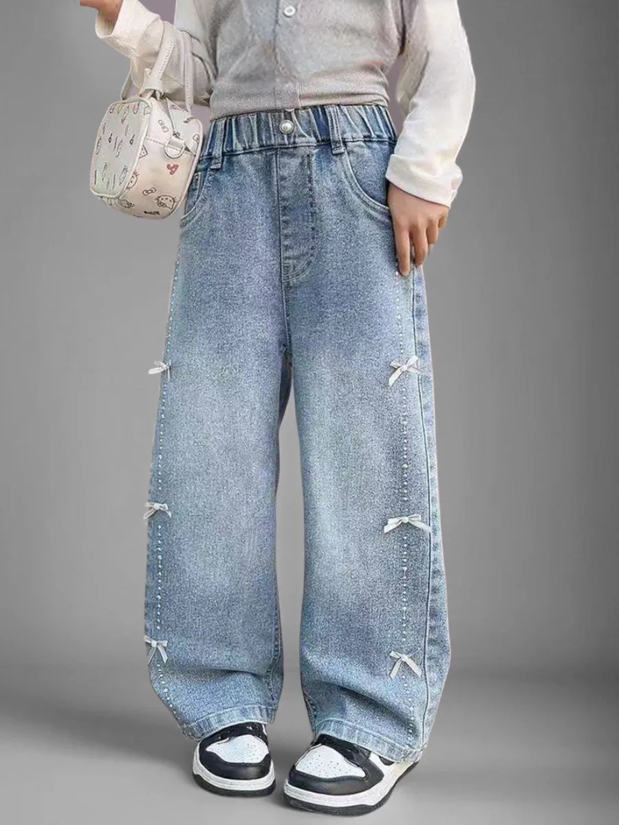 Джинсы iUkoworld Джинсы для девочки багги широкие на резинке - фото 1