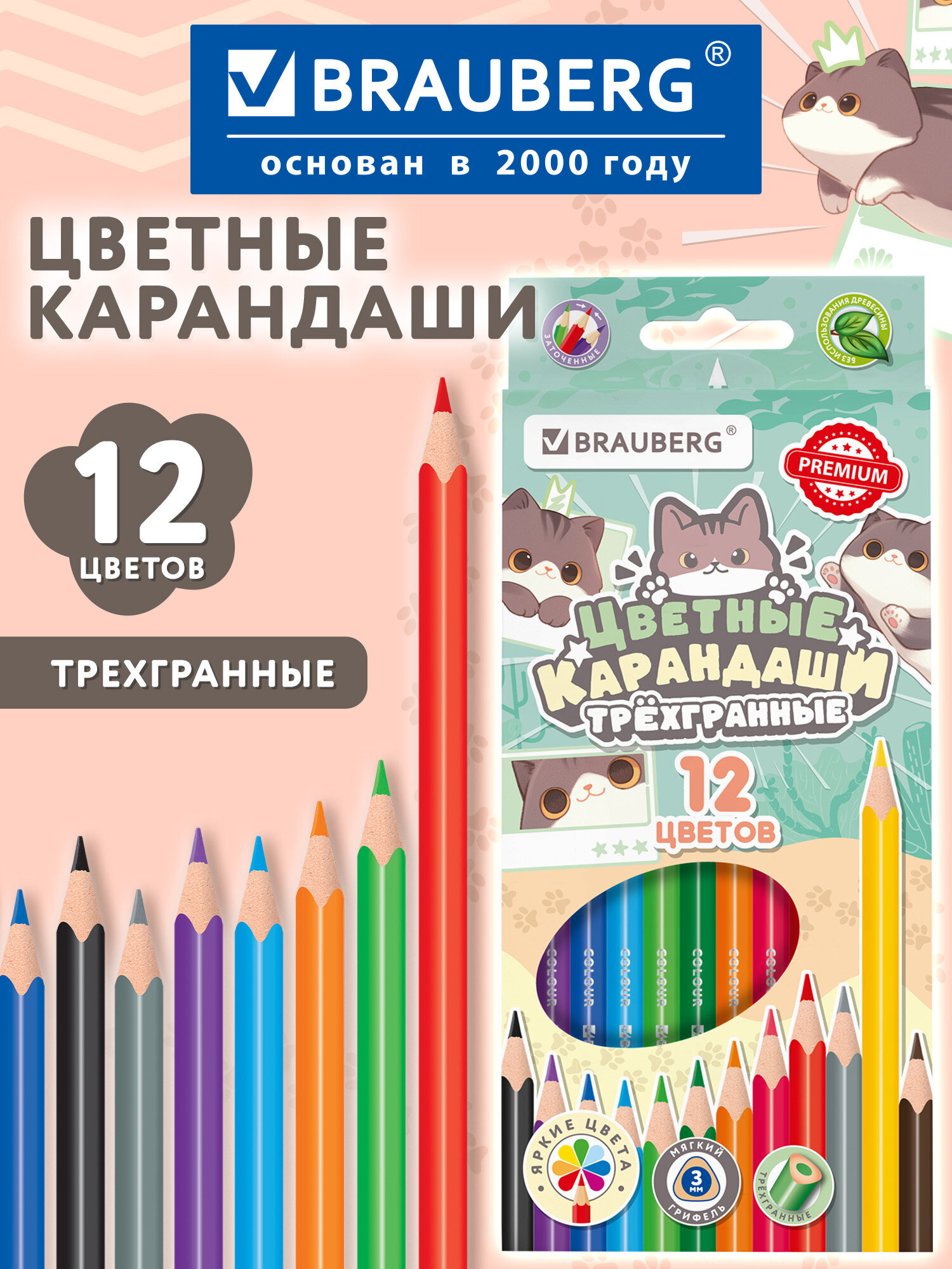 Изображение товара Набор цветных карандашей Brauberg 12 шт серия МИЛЫЕ КОТЫ тригранный лакированный корпус Изображение товара Набор цветных карандашей Brauberg 12 шт серия МИЛЫЕ КОТЫ тригранный лакированный корпус