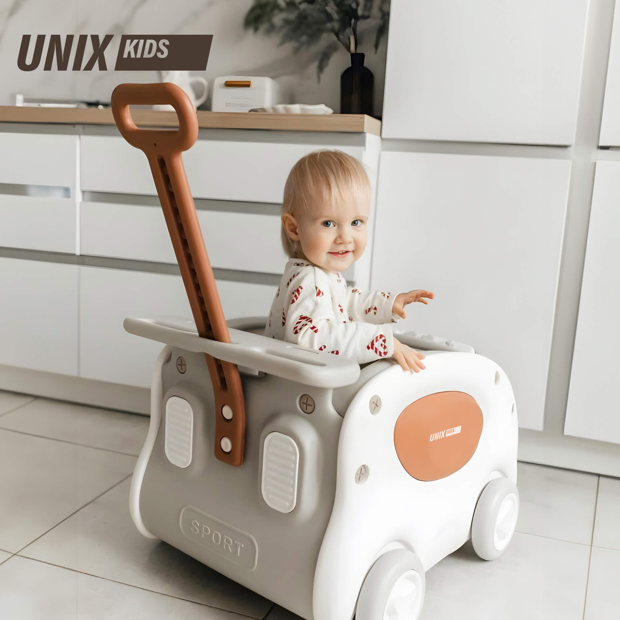 Каталка UNIX Kids SuperCar Grey на веревочке, с ручкой серый - фото 1
