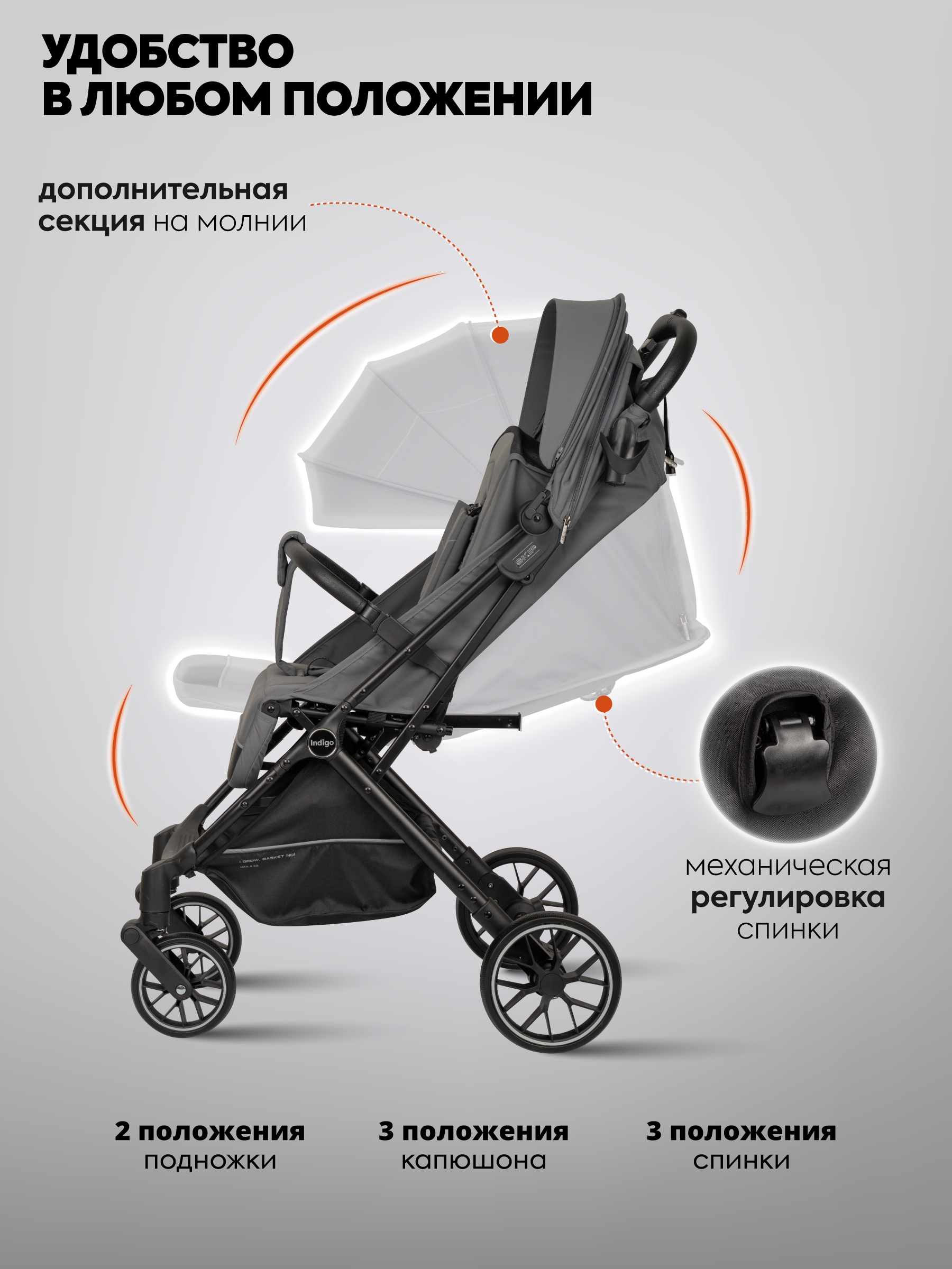 Коляска прогулочная Indigo Skip для путешествий, т.-серый серый - фото 6