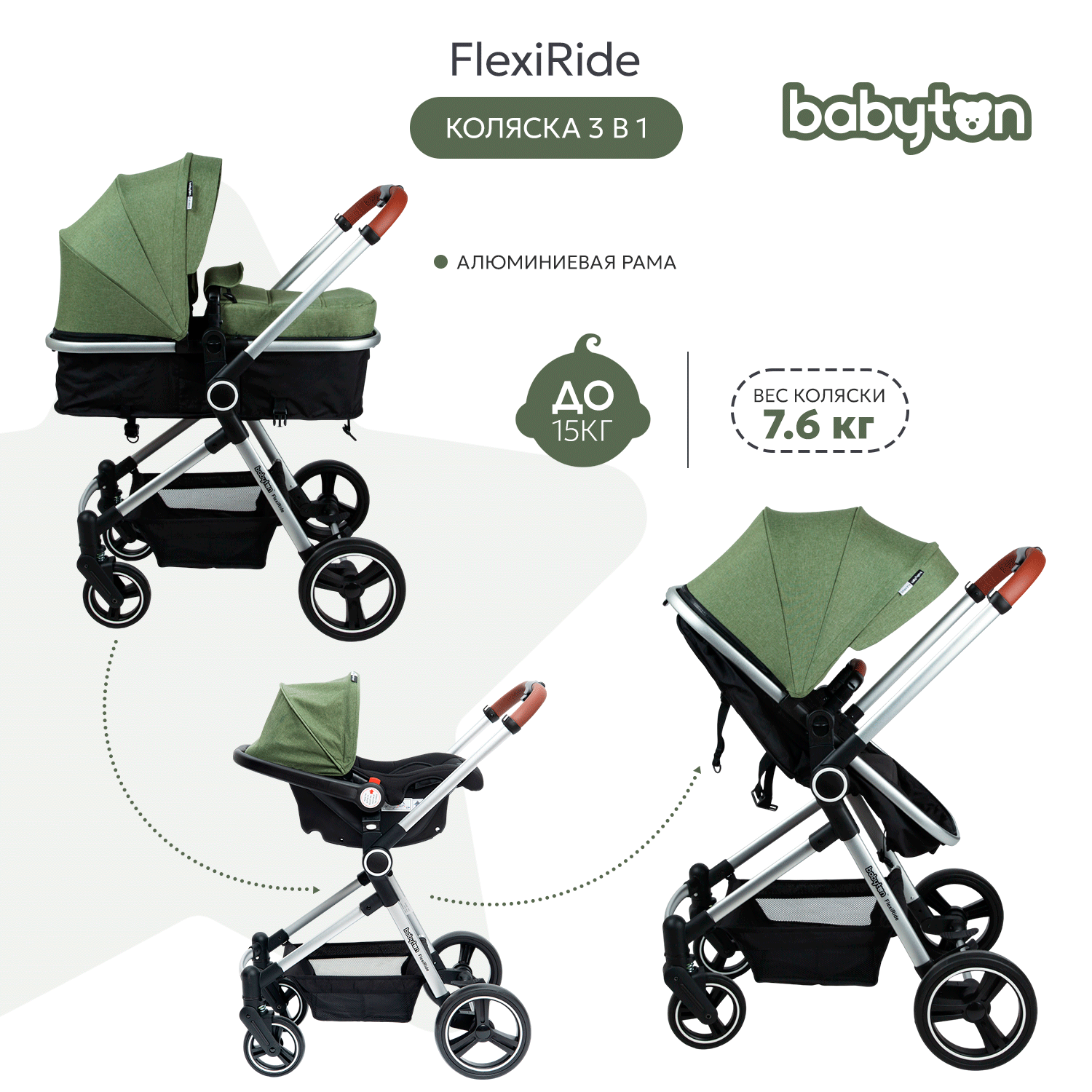Коляска 3в1 Babyton FlexiRide зеленый - фото 2