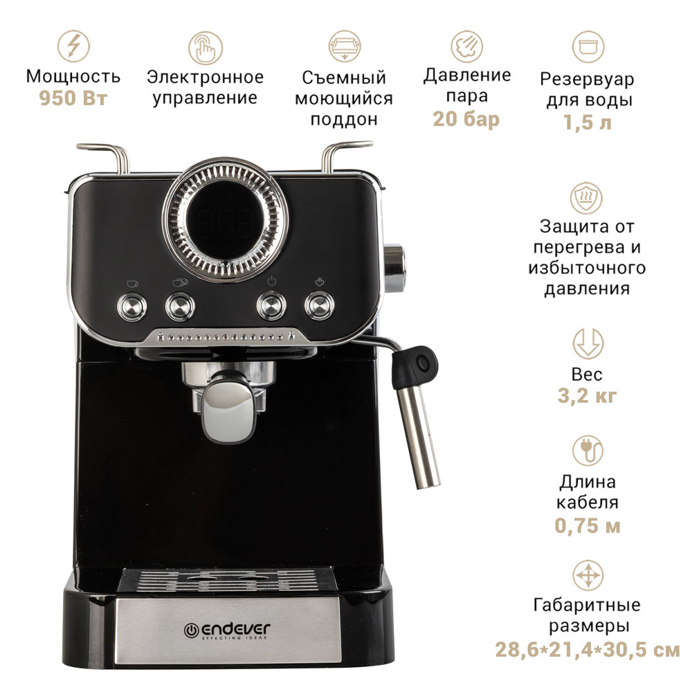 Кофеварка рожкового типа TUAREX Tuarex TK-1270, LED-дисплей , 950Вт, черный, 20 Бар - фото 3