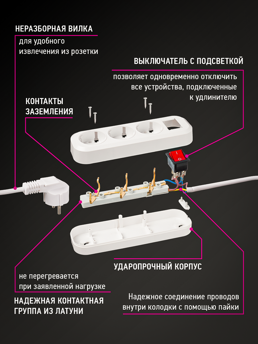 Удлинитель сетевой с заземлением ОНЛАЙТ 3 розетки 5 м 10А - фото 5