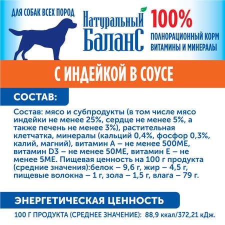 Корм влажный для собак Натуральный Баланс с индейкой 340г х 3шт
