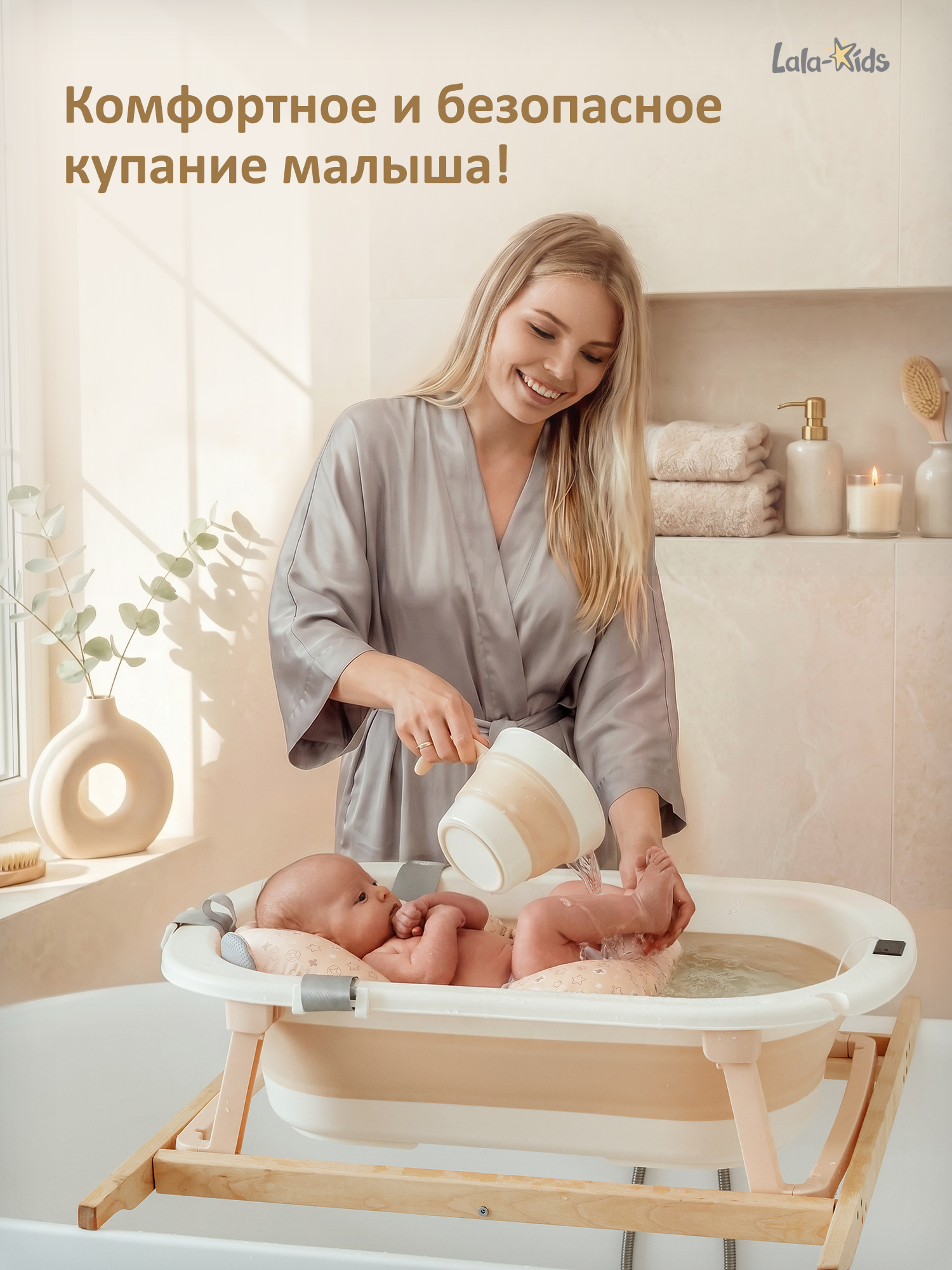 Ванночка LaLa-Kids с матрасиком, складная бежевый - фото 2