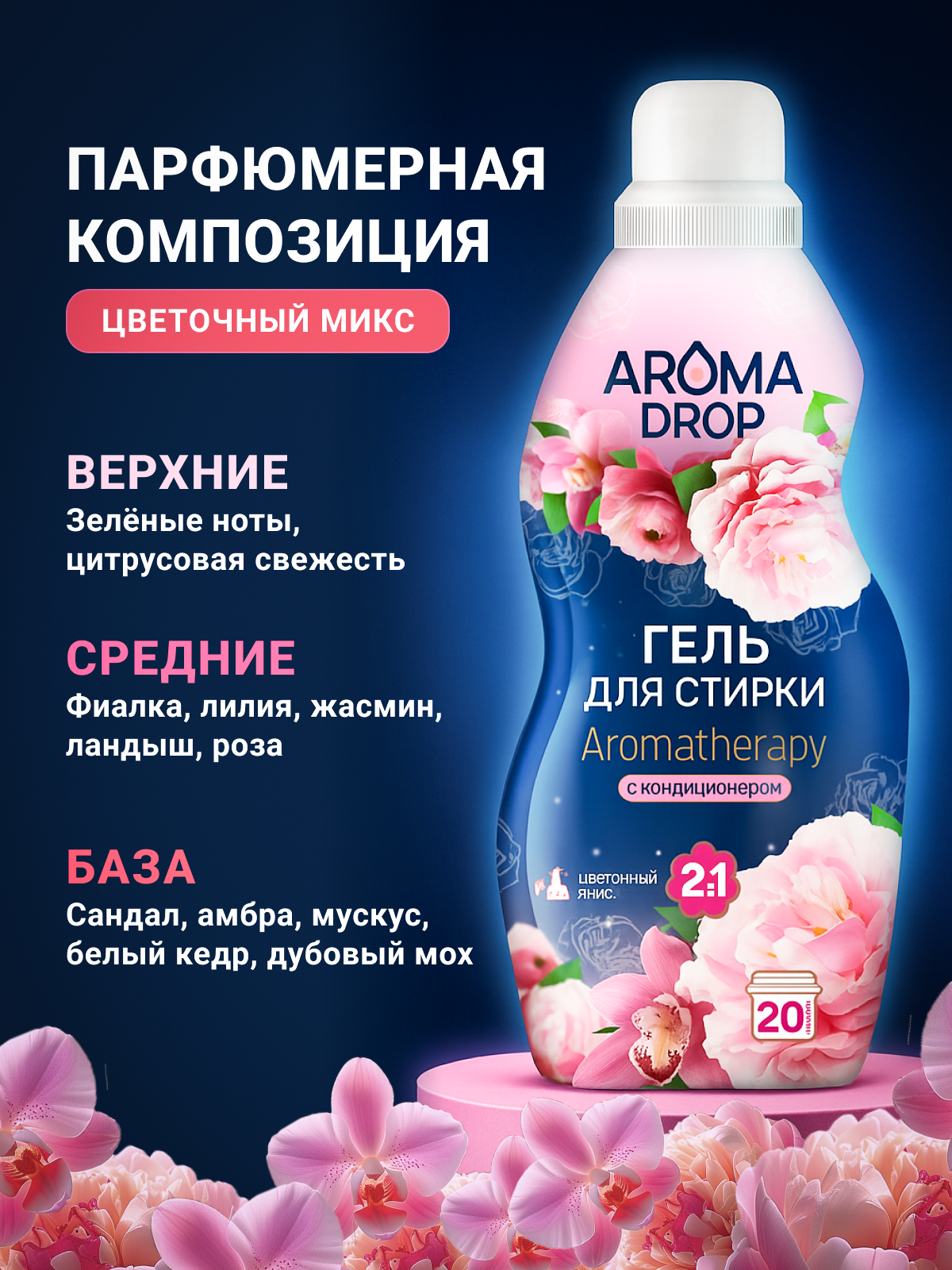 Гель для стирки AROMA DROP Цветочный микс 1 л 1 кг 1 шт. 1 упак. - фото 2