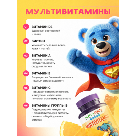 БАД NAVIGO POWER Мультивитамины для детей 60 жевательных мишек со вкусом апельсина