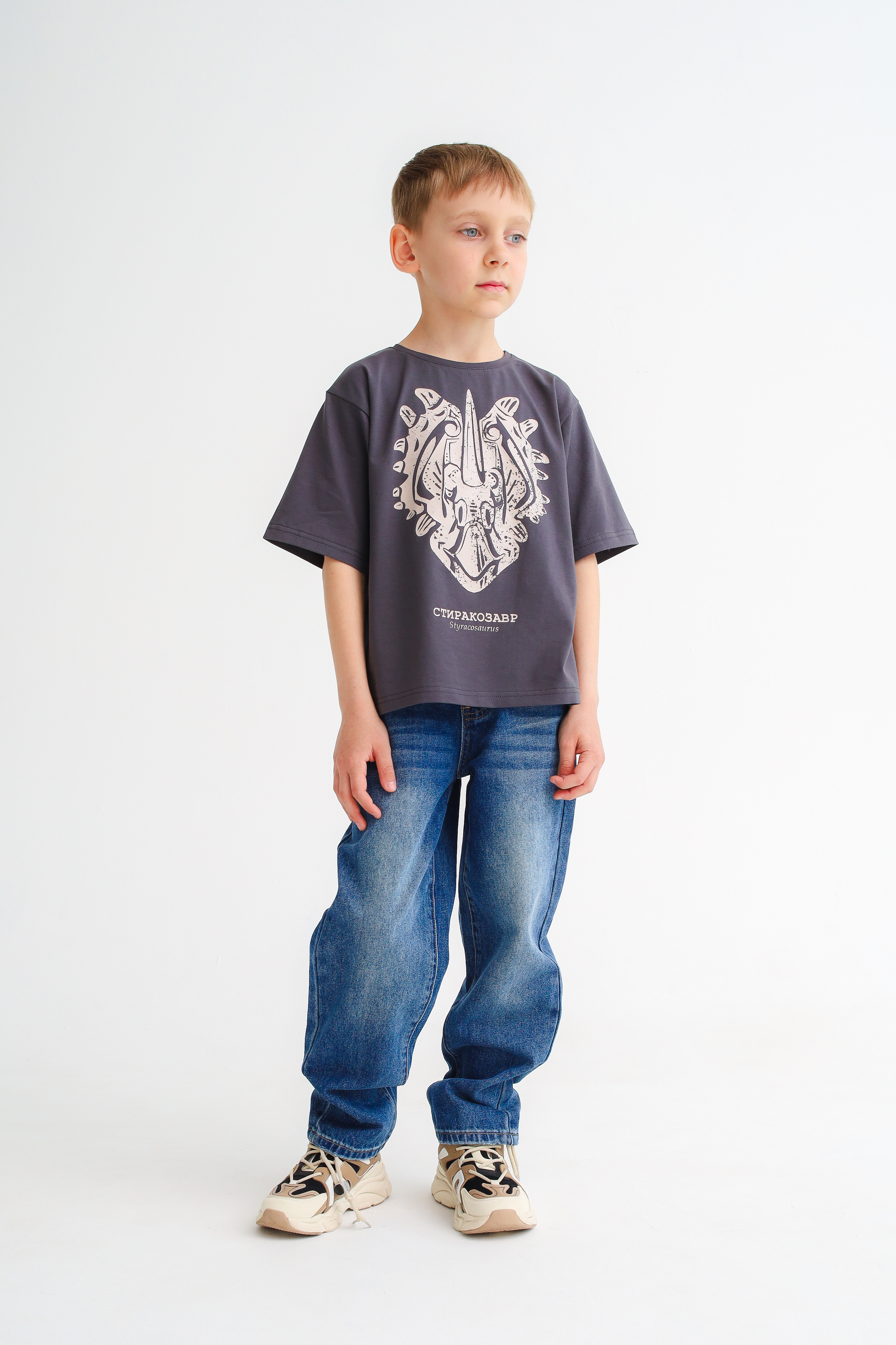 Футболка MINIDINO Т-Д-014 Футболка oversize графит принт Стиракозавр - фото 1