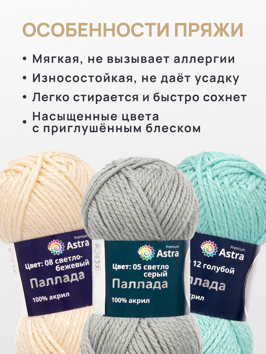 Пряжа Astra Premium Паллада акриловая 100 г 100 м 05 светло-серый 3 мотка - фото 5