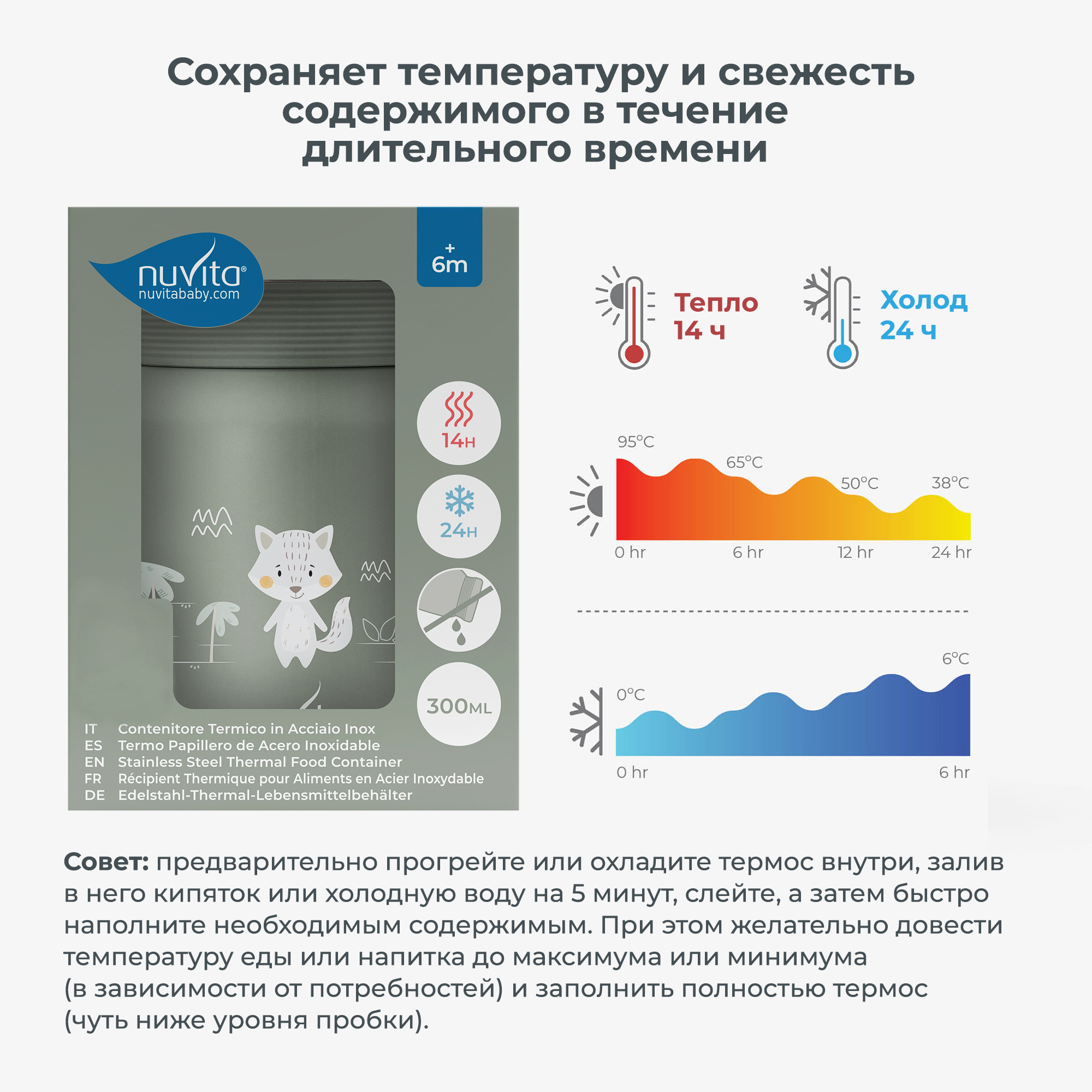 Термос детский для еды и жидкостей Nuvita с широким горлом маленький 300 мл, серо-зеленый - фото 3