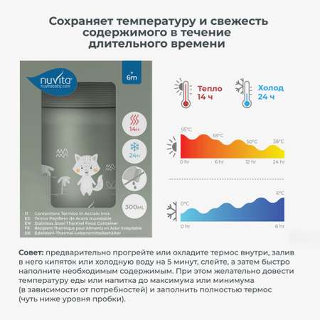 Термос детский для еды и жидкостей Nuvita с широким горлом маленький 300 мл, серо-зеленый