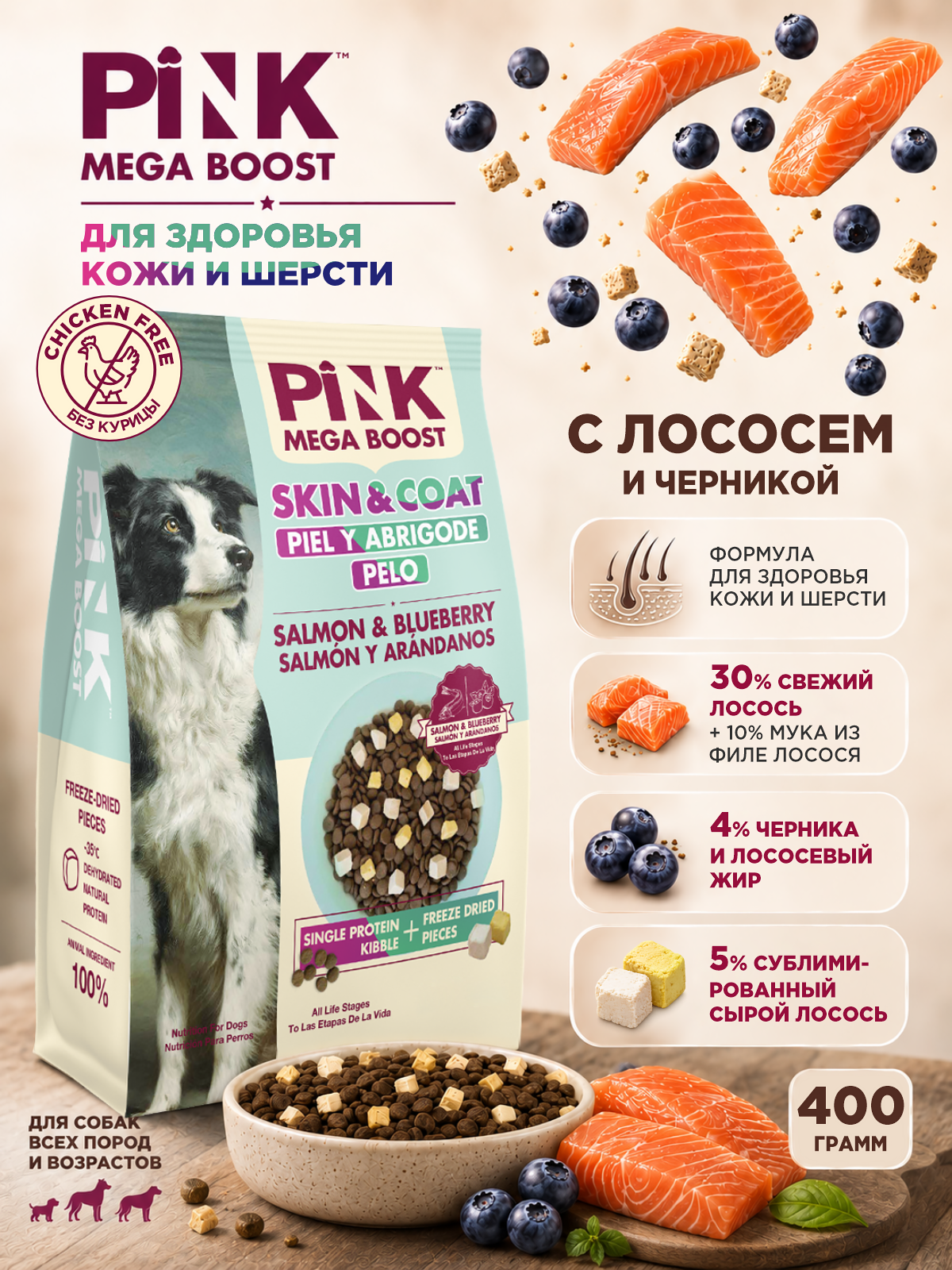 Сухой корм для собак PINK MEGA BOOST Здоровая кожа и шерсть Лосось с черникой с сублимированным мясом 400г - фото 1