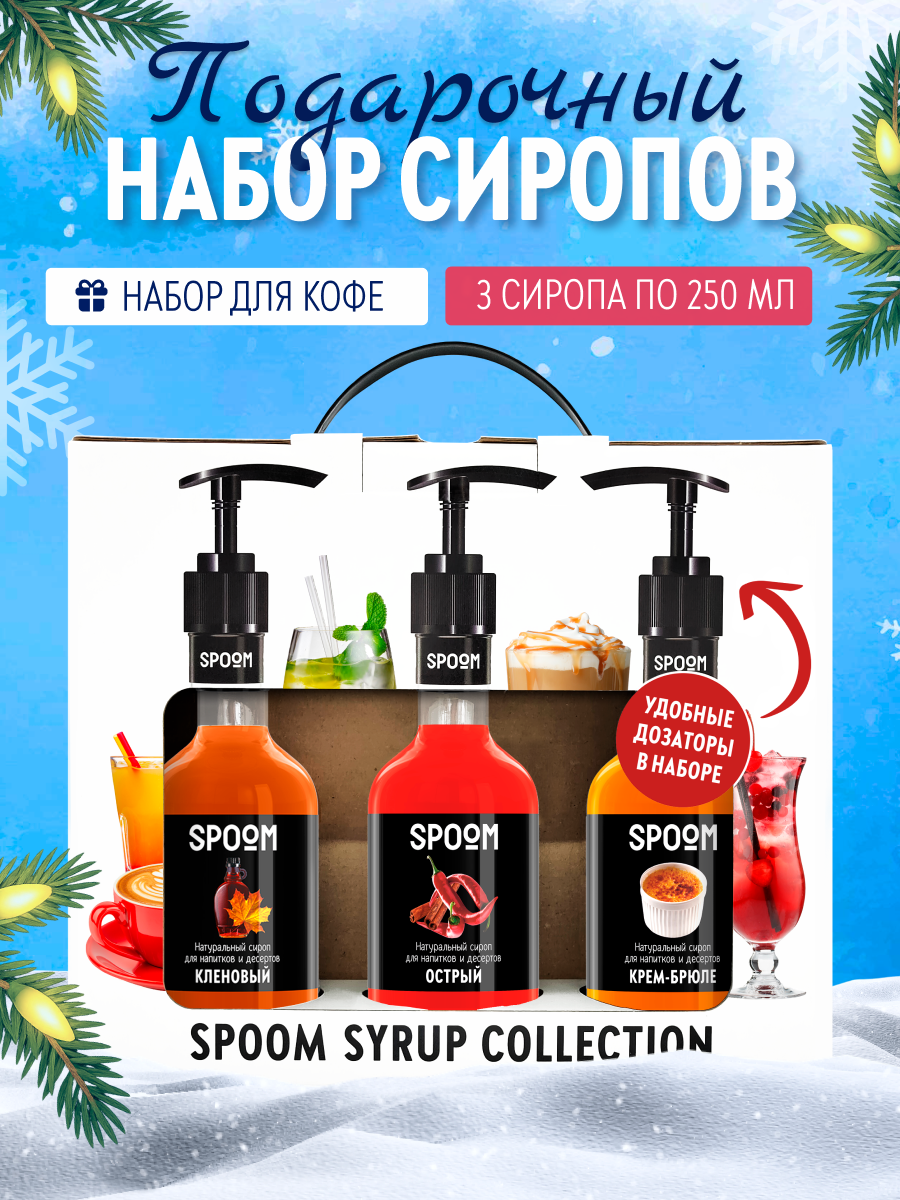 Набор сиропов SPOOM Кленовый Острый Крем-брюле для коктейлей чая и кофе 3шт 250мл + 3 дозатора - фото 1