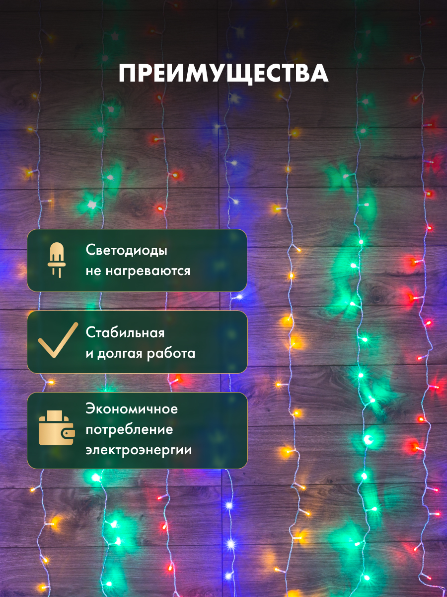 Светодиодная гирлянда NEON-NIGHT Дождь-занавес 1.5х1.5 м 8 режимов свечение мультиколор 235-039 - фото 2