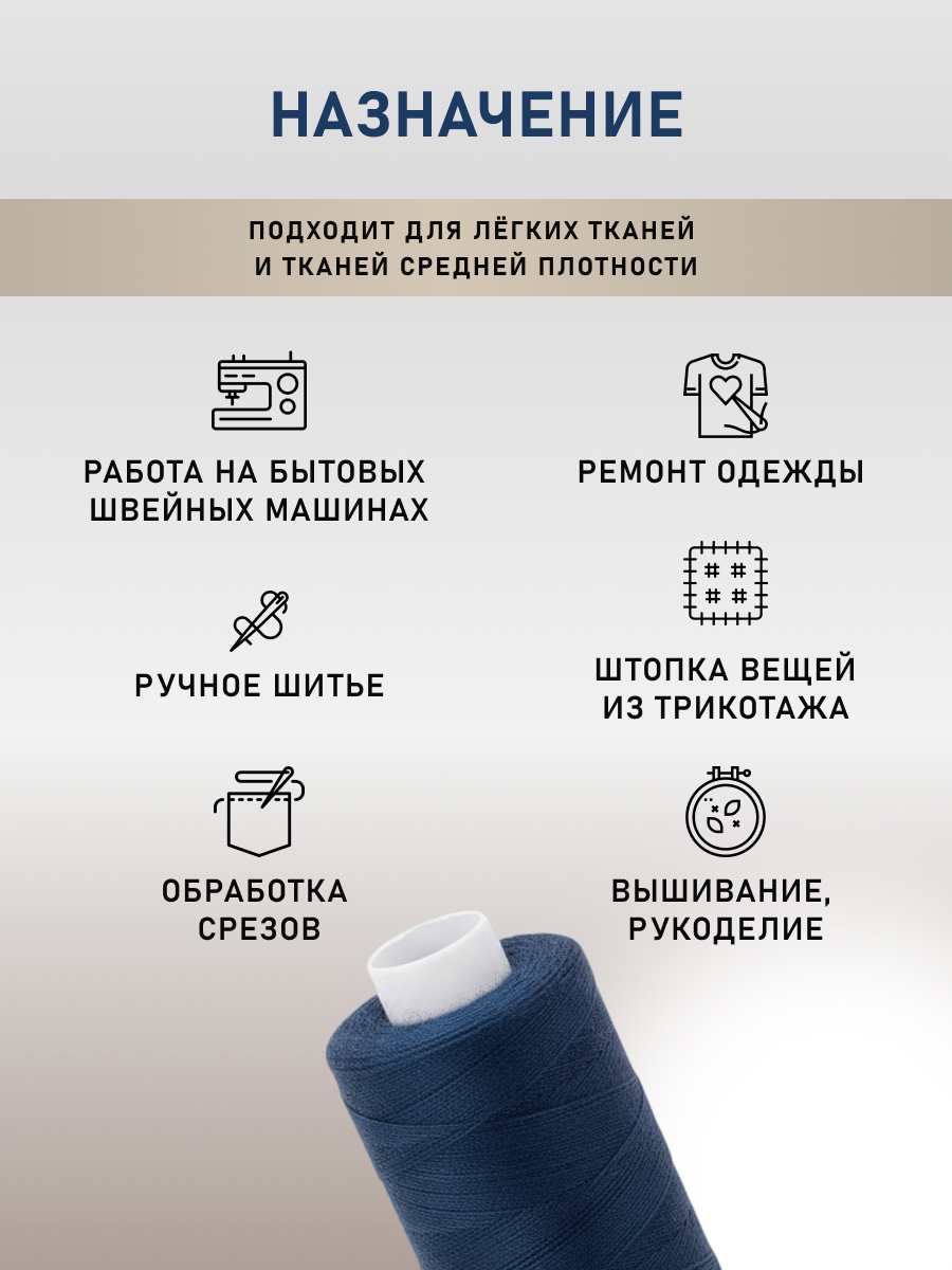 Нитки для шитья 50/2 Темный джинс Bestex 365м 10шт - фото 3