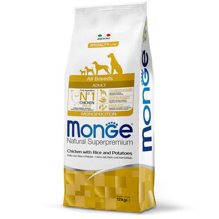 Корм для собак MONGE Dog Monoprotein всех пород курица с рисом и картофелем сухой 12кг