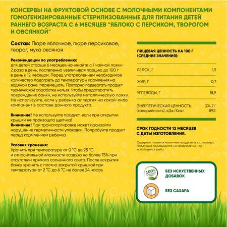 Пюре фруктовое Егор Иваныч Яблоко с персиком, творогом и овсянкой упаковка 6 шт по 100 г