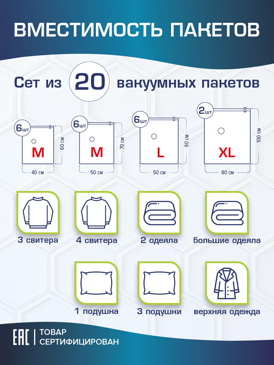 Вакуумные пакеты Лайма зип для одежды вещей 20 штук с насосом и клапаном - фото 3