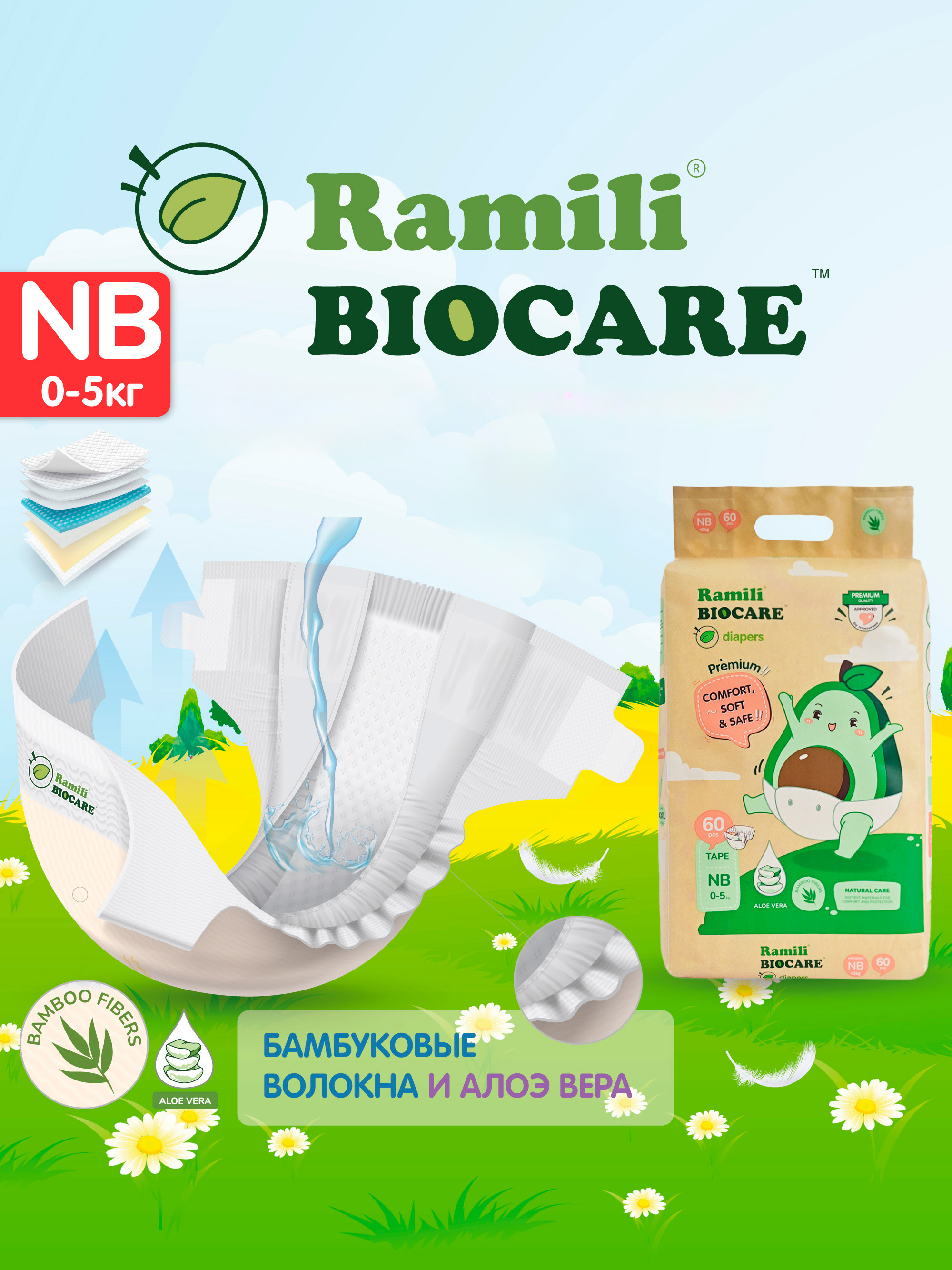 Изображение товара Подгузники Ramili Premium для новорожденных 0 (0-5 кг), 60 шт